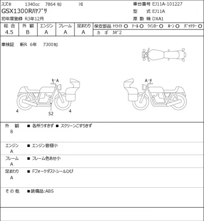 Suzuki GSX1300R HAYABUSA лот № 8400 оценка 4.5  с аукциона в Японии 0