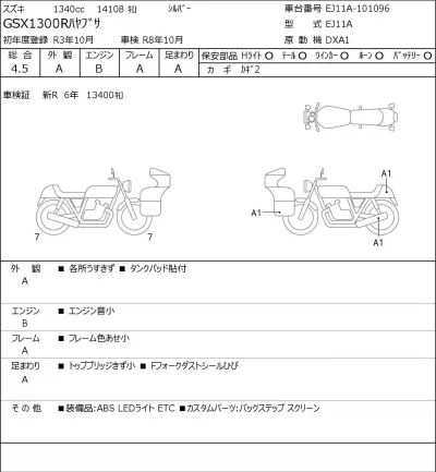 Suzuki GSX1300R HAYABUSA лот № 5102 оценка 4.5  с аукциона в Японии 0