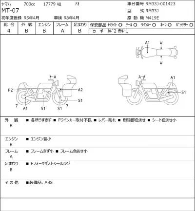 Yamaha MT-07 лот № 8169 оценка 4  с аукциона в Японии 0