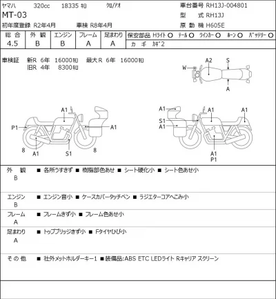 Yamaha MT-03 лот № 5210 оценка 4.5  с аукциона в Японии 0