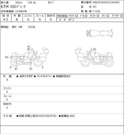 KTM  390 DUKE лот № 8097 оценка 4.5  с аукциона в Японии 0