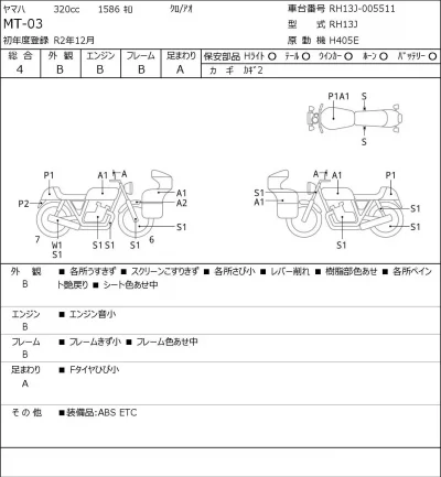 Yamaha MT-03 лот № 7309 оценка 4  с аукциона в Японии 0