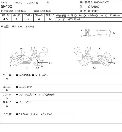 Yamaha SR400-1 лот № 7502 оценка 4.5  с аукциона в Японии 0