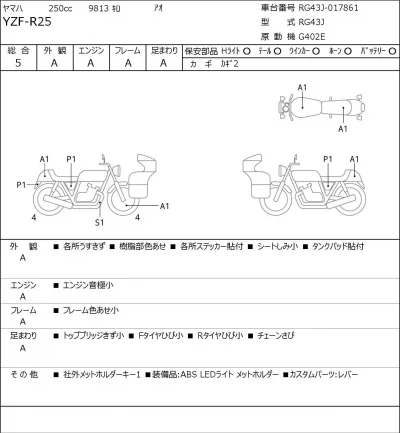 Yamaha YZF-R25 лот № 5180 оценка 5  с аукциона в Японии 0