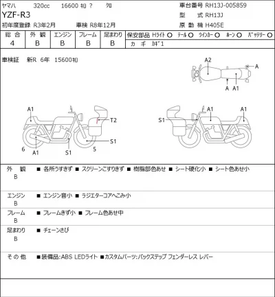 Yamaha YZF-R3 лот № 5268 оценка 4  с аукциона в Японии 0