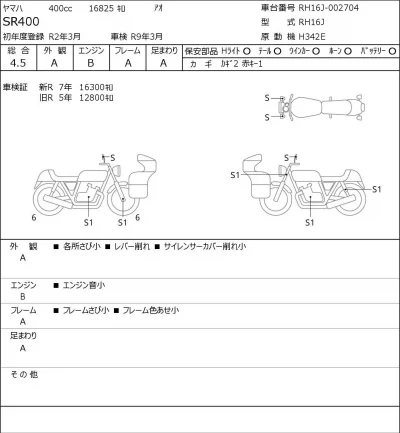 Yamaha SR400-1 лот № 8021 оценка 4.5  с аукциона в Японии 0
