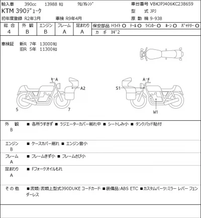 KTM  390 DUKE лот № 7055 оценка 4  с аукциона в Японии 0