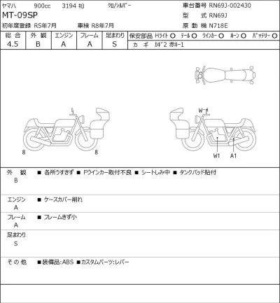 Yamaha MT-09SP лот № 8178 оценка 4.5  с аукциона в Японии 0