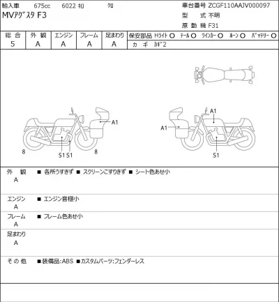 MV Agusta  F3 800 лот № 8238 оценка 5  с аукциона в Японии 0