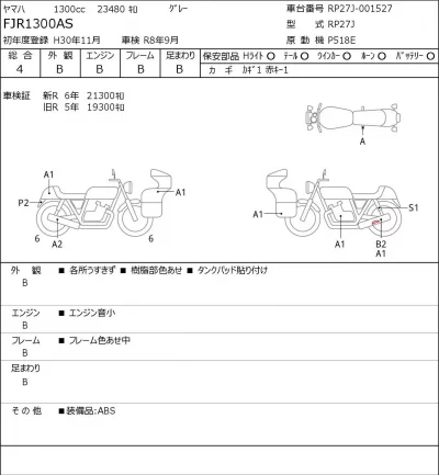 Yamaha FJR1300AS лот № 8378 оценка 4  с аукциона в Японии 0