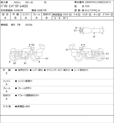 Other BENELLI IN PE REAR -RE400 лот № 7387 оценка 4  с аукциона в Японии 0