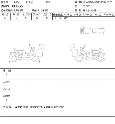 BMW  F800GS лот № 8208 оценка 6  с аукциона в Японии 0