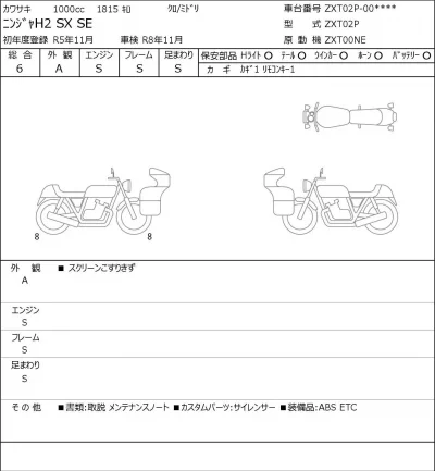 Kawasaki Ninja H2 SX SE лот № 8283 оценка 6  с аукциона в Японии 0