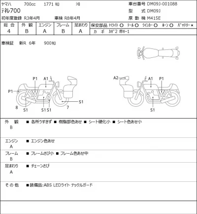 Yamaha TENERE 700 лот № 5477 оценка 4  с аукциона в Японии 0