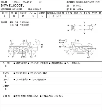 BMW  K1600GTL лот № 7054 оценка 4  с аукциона в Японии 0