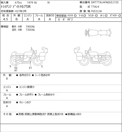 Triumph  DAYTONA675R лот № 7184 оценка 4.5  с аукциона в Японии 0