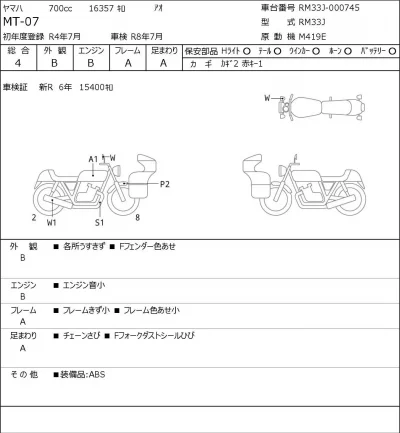 Yamaha MT-07 лот № 7338 оценка 4  с аукциона в Японии 0