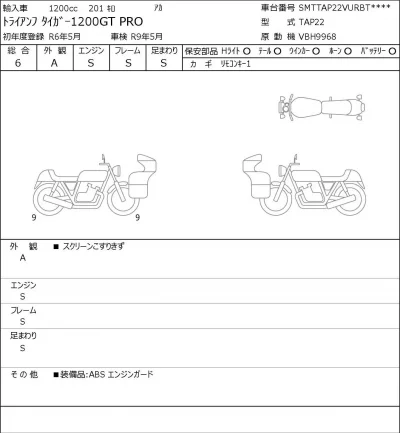 Triumph  TIGER 1200GT PRO лот № 8398 оценка 6  с аукциона в Японии 0