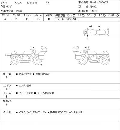 Yamaha MT-07 лот № 8295 оценка 4  с аукциона в Японии 0