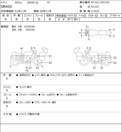 Yamaha SR400-1 лот № 7392 оценка 4  с аукциона в Японии 0