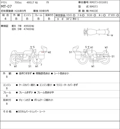 Yamaha MT-07 лот № 7517 оценка 4  с аукциона в Японии 0