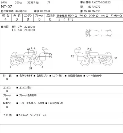 Yamaha MT-07 лот № 7536 оценка 4  с аукциона в Японии 0