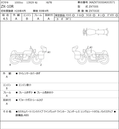 Kawasaki ZX-10R лот № 8495 оценка 4.5  с аукциона в Японии 0