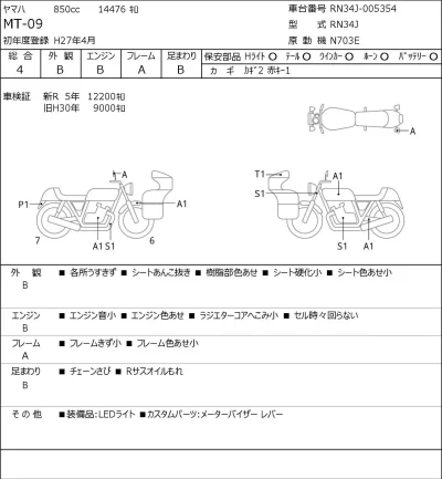 Yamaha MT-09 лот № 5321 оценка 4  с аукциона в Японии 0