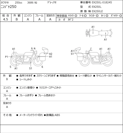 Kawasaki NINJA250 лот № 5384 оценка 4.5  с аукциона в Японии 0