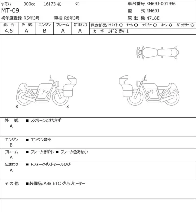 Yamaha MT-09 лот № 8040 оценка 4.5  с аукциона в Японии 0
