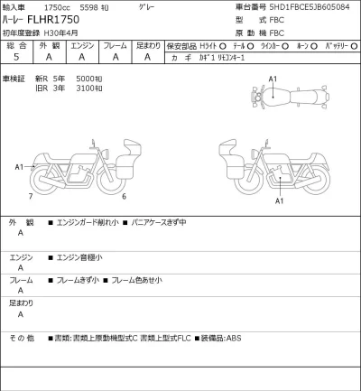 Harley-Davidson HARLEY FLHR1750 лот № 7465 оценка 5  с аукциона в Японии 0