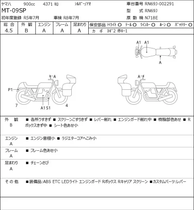 Yamaha MT-09SP лот № 5168 оценка 4.5  с аукциона в Японии 0