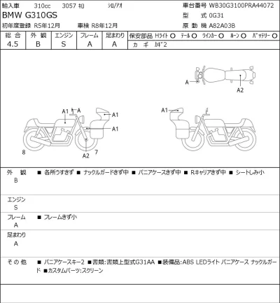 BMW  G310GS лот № 5416 оценка 4.5  с аукциона в Японии 0