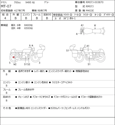 Yamaha MT-07 лот № 5464 оценка 4  с аукциона в Японии 0