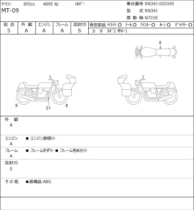 Yamaha MT-09 лот № 8232 оценка 5  с аукциона в Японии 0