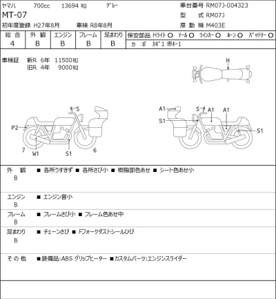 Yamaha MT-07 лот № 7366 оценка 4  с аукциона в Японии 0