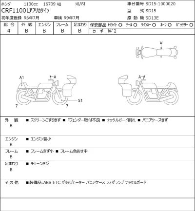 Honda CRF1100L AFRICA T ADV SPORT ES DCT лот № 7444 оценка 4  с аукциона в Японии 0