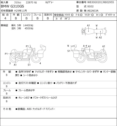BMW  G310GS лот № 3312 оценка 4  с аукциона в Японии 0