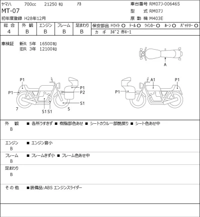 Yamaha MT-07 лот № 5621 оценка 4  с аукциона в Японии 0