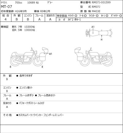 Yamaha MT-07 лот № 7015 оценка 4  с аукциона в Японии 0
