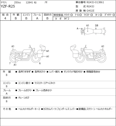 Yamaha YZF-R25 лот № 8410 оценка 4  с аукциона в Японии 0