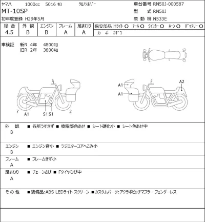 Yamaha MT-10SP лот № 5305 оценка 4.5  с аукциона в Японии 0