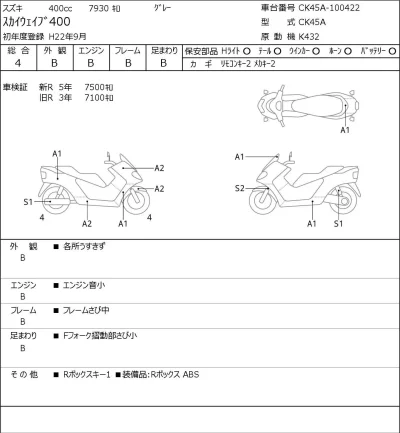 Suzuki SKYWAVE 400 лот № 8178 оценка 4  с аукциона в Японии 0