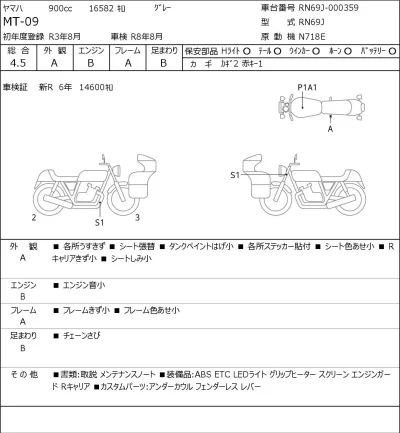 Yamaha MT-09 лот № 5171 оценка 4.5  с аукциона в Японии 0