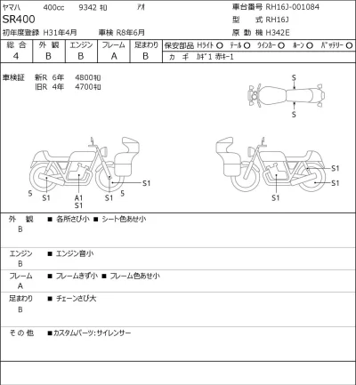 Yamaha SR400-1 лот № 8152 оценка 4  с аукциона в Японии 0