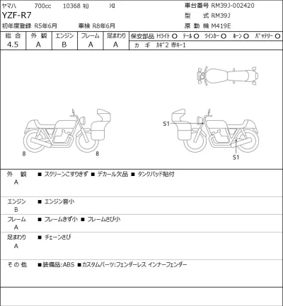 Yamaha YZF-R7 лот № 8178 оценка 4.5  с аукциона в Японии 0