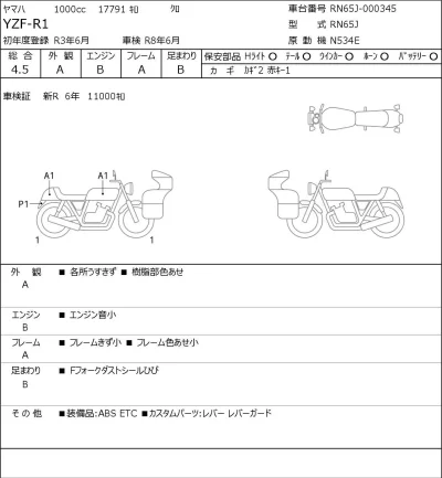 Yamaha YZF-R1 лот № 8187 оценка 4.5  с аукциона в Японии 0