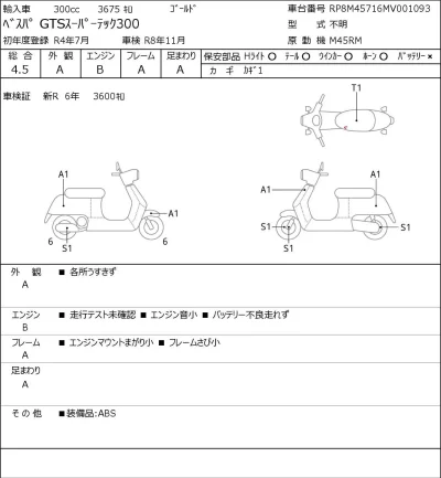 Vespa  GTS SUPER TEC 300 лот № 8527 оценка 4.5  с аукциона в Японии 0