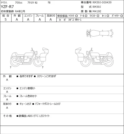 Yamaha YZF-R7 лот № 5217 оценка 5  с аукциона в Японии 0