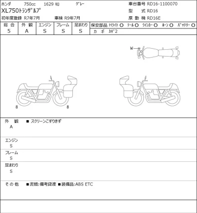 Honda XL750 TRANSALP лот № 8396 оценка 5  с аукциона в Японии 0
